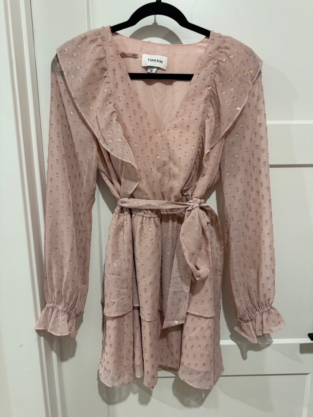 Yumi Kim Dusty Blush Pink Ruffle Wrap Dress with Gold Dot Accents